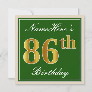 Invitation Elégant, Vert, Faux Or 86ème Anniversaire + Nom