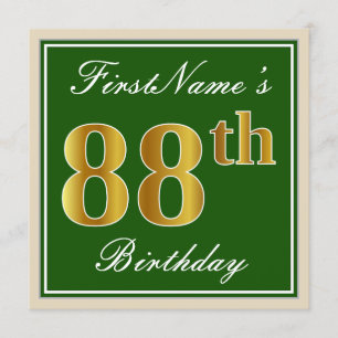 Invitation Elégant, Vert, Faux Or 88ème Anniversaire + Nom
