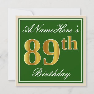 Invitation Elégant, Vert, Faux Or 89ème Anniversaire + Nom