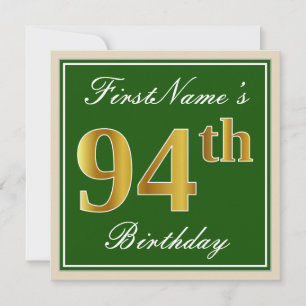 Invitation Elégant, Vert, Faux Or 94ème Anniversaire + Nom