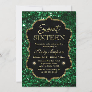 Invitation Élégant Vert Faux Paillettes & Or Hiver Douce 16
