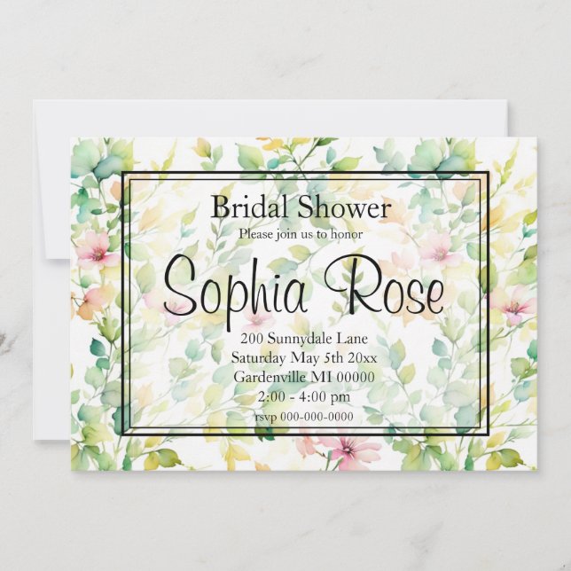 Invitation Elégant vert fleurs sauvages d'aquarelle (Devant)