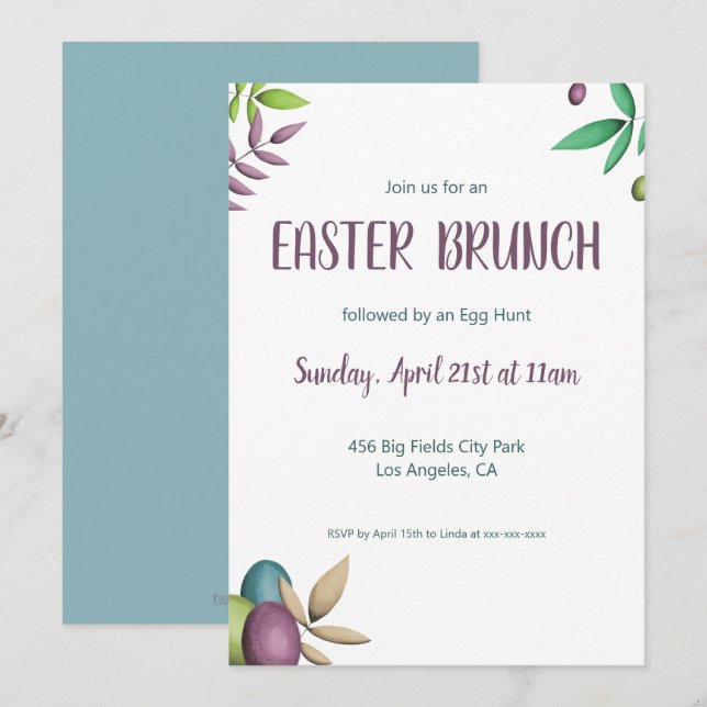 Invitation Elégant vert floral violet oeufs de Pâques (Devant / Derrière)