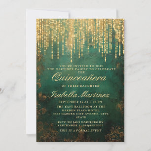 Invitation Élégant Vert Or Chaîne Lumière Quinceañera