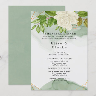 Invitation Élégant Vert Roses Blanches Dîner Rustique De Répé