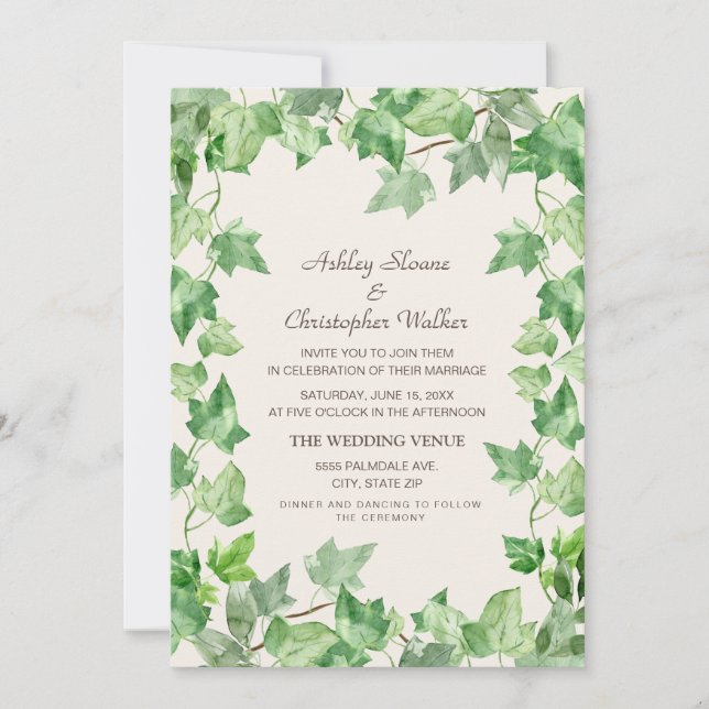 Invitation Élégant Vert Vining Feuille Ivy Cream Mariage (Devant)