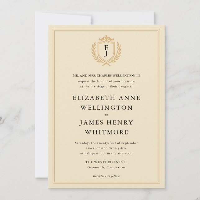 Invitation Elégant vieil argent Crest - ivoire et Mariage or (Devant)