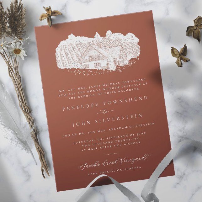 Invitation Elégant Vignoble Dessin Orange Formel Mariage (Burnt orange formal wedding invitation with an illustration of a vineyard)