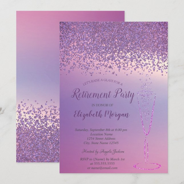 Invitation Élégant Vin Verre Diamants Violets Retraite (Devant / Derrière)