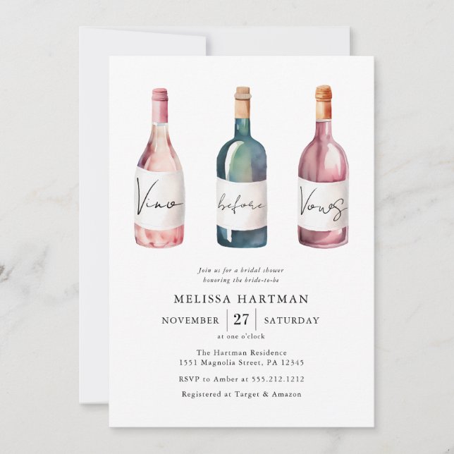 Invitation Élégant Vino aquarelle avant Vows Fête des mariées (Devant)