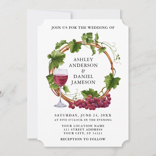 Invitation Élégant Vins de raisin Aquarelle Mariage de couron (Devant)