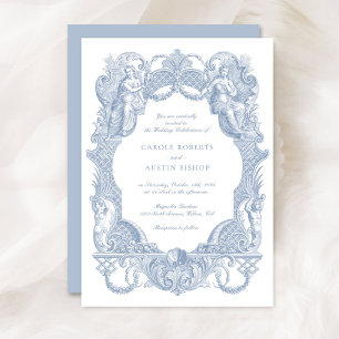 Invitation Elégant Vintage Baroque Bleu Toile Mariage