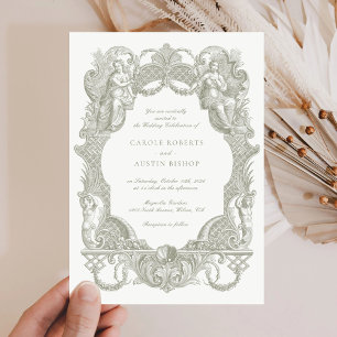 Invitation Elégant Vintage Baroque Floral Sage Frame Mariage