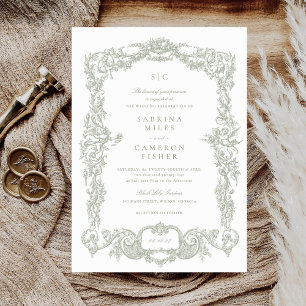 Invitation Elégant Vintage Baroque Floral Sage Frame Mariage