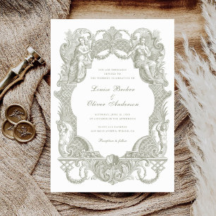 Invitation Elégant Vintage Baroque Sage Toile Mariage de cadr