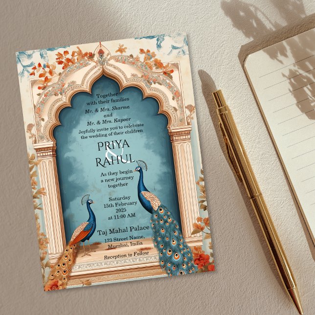 Invitation Élégant Vintage Blue Gold Peacocks Mariage indien (indian wedding invitation, blue and beige, with two peacocks)