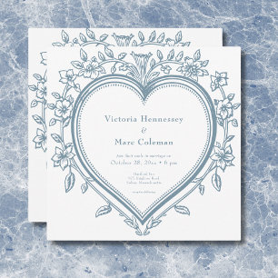 Invitation Élégant Vintage Chinoiserie Cœur Bleu de Mariage