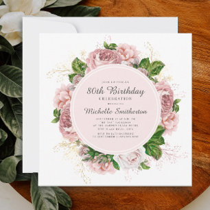 Invitation Elégant Vintage Fleurs Rose Pâle 80e Anniversaire