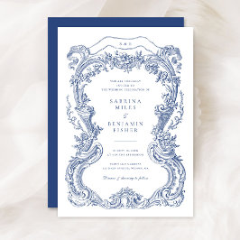 Invitation Elégant Vintage Floral Blue Toile Frame Mariage