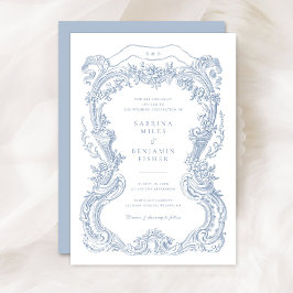 Invitation Elégant Vintage Floral Blue Toile Frame Mariage