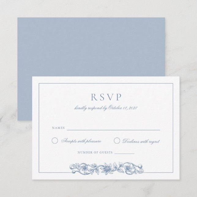 Invitation Elégant Vintage Floral Dusty Blue Wedding RSVP (Devant / Derrière)
