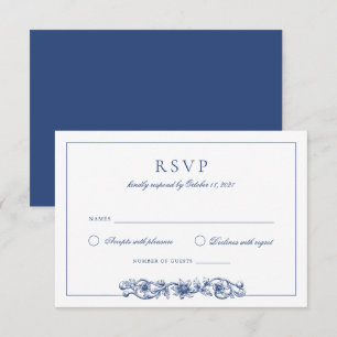 Invitation Elégant Vintage Floral Navy Blue Wedding RSVP