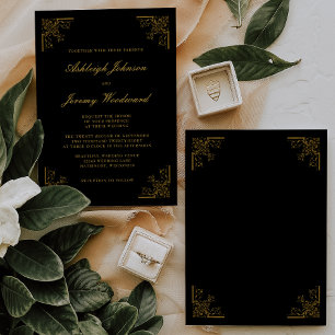 Invitation Elégant Vintage Gold Corners Script Black Mariage