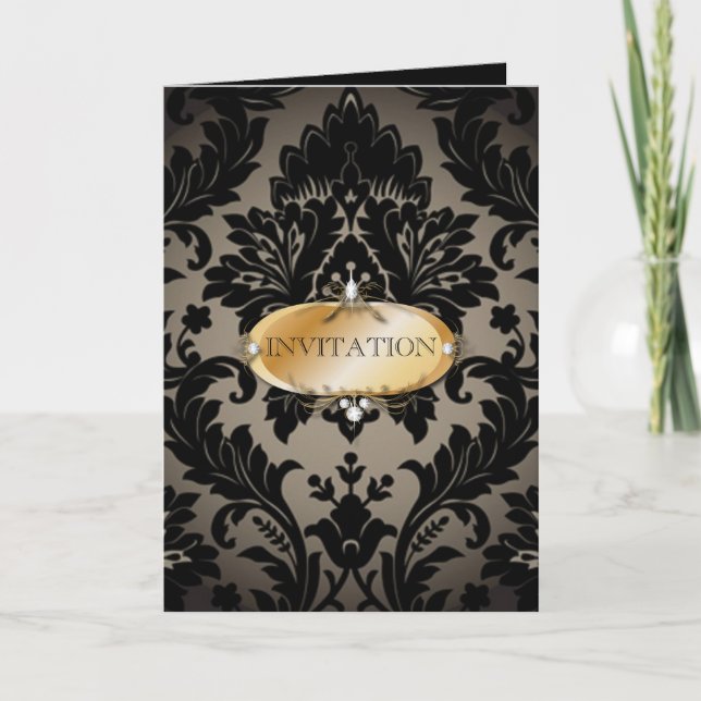 Invitation Elégant vintage Gold noir formel mariage damassé (Devant)