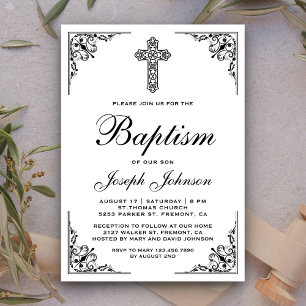 Invitation Élégant Vintage Ornate Cross Baptism