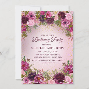 Invitation Élégant Vintage Rose Floral Rose Pailleté Violet R