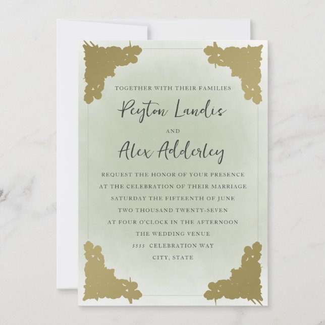 Invitation Elégant Vintage Sage Green Gold (Devant)