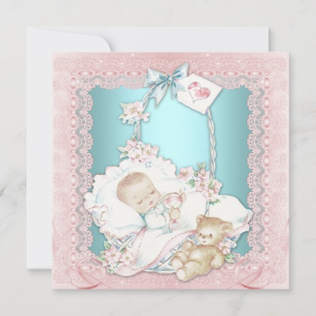 Invitation Elégant Vintage Turquoise bleu et rose bébé fille  (Devant)