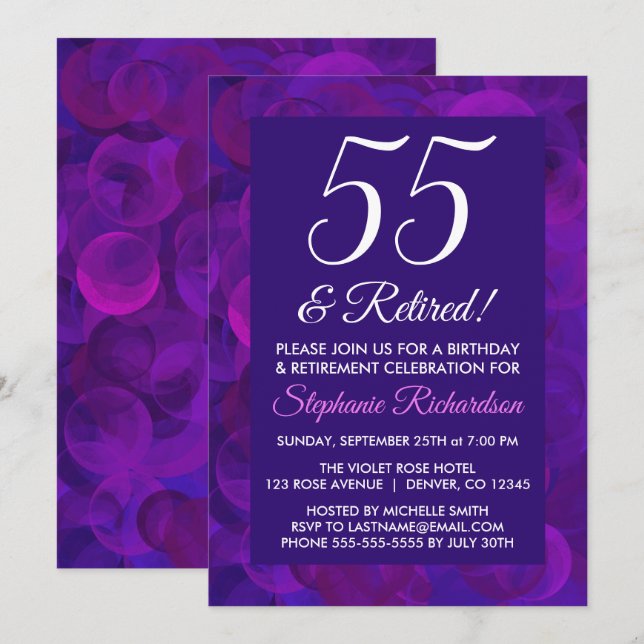 Invitation Élégant Violet 55 et Fête de Retraite Retraité (Devant / Derrière)