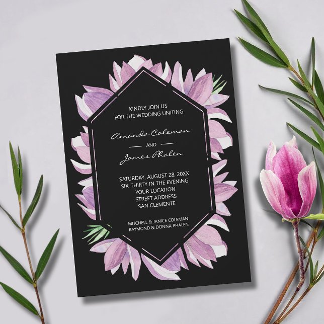 Invitation Élégant violet Aquarelle Magnolias Mariage (Elegant purple and white magnolias square wedding invitations - INSTANT DOWNLOAD and/or PRINTED)