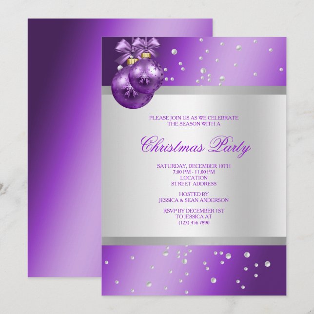 Invitation Elégant violet Baubles & Perles Noël (Devant / Derrière)