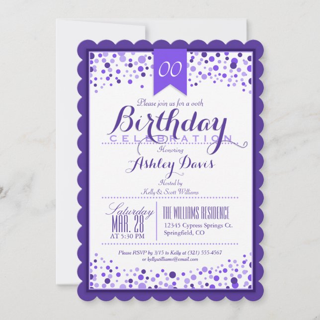 Invitation Élégant violet, blanc Adulte ou Ado fête d'anniver (Devant)