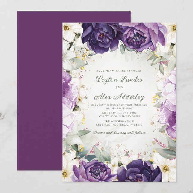 Invitation Élégant violet blanc Parties scintillant Floral Ma (Devant / Derrière)