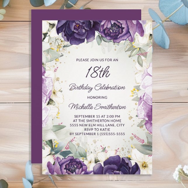 Invitation Elégant violet blanc Parties scintillant florale 1 (Purple floral women's 18th birthday party invitation)