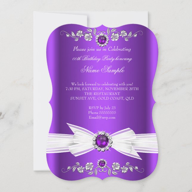 Invitation Elégant violet blanc Pearl Bijoux Bow Anniversaire (Devant)
