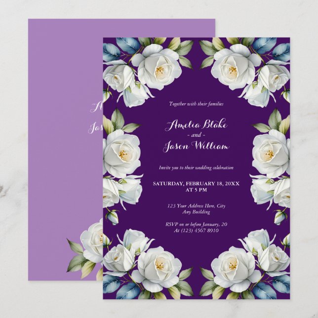 Invitation Élégant violet blanc Rose Floral Mariage frontière (Devant / Derrière)