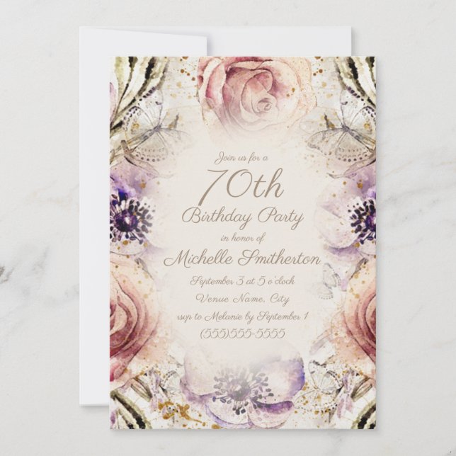 Invitation Élégant violet bleu rose Script 70e anniversaire (Devant)