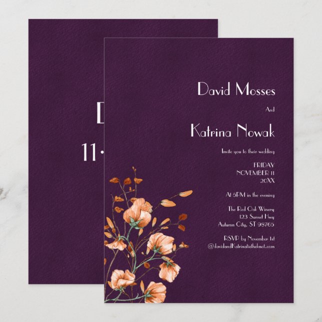 Invitation Élégant violet brûlé Orange Florals Mariage de aut (Devant / Derrière)