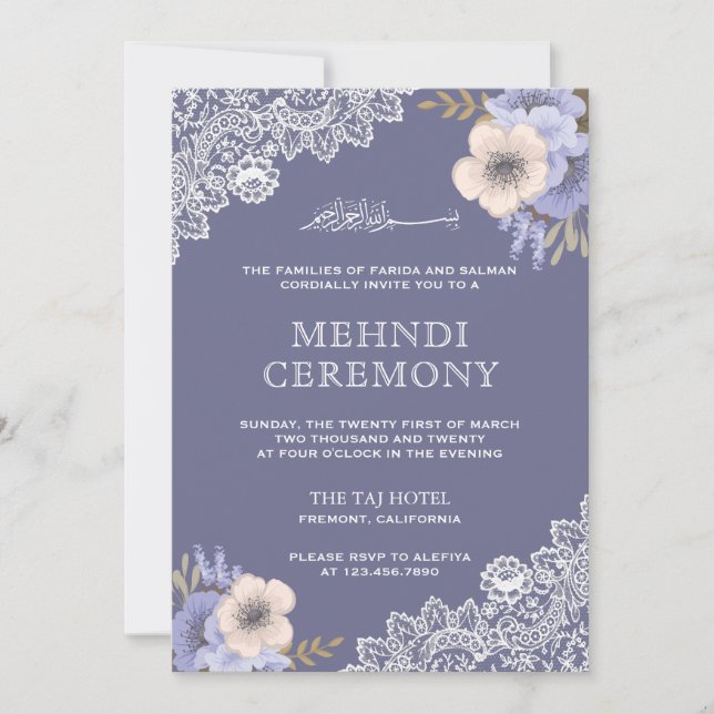 Invitation Elégant violet dentelle florale islamique musulman (Devant)