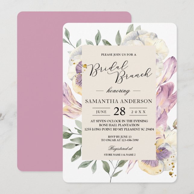 Invitation Elégant violet et aquarelle Pansy Cadre Floral (Devant / Derrière)