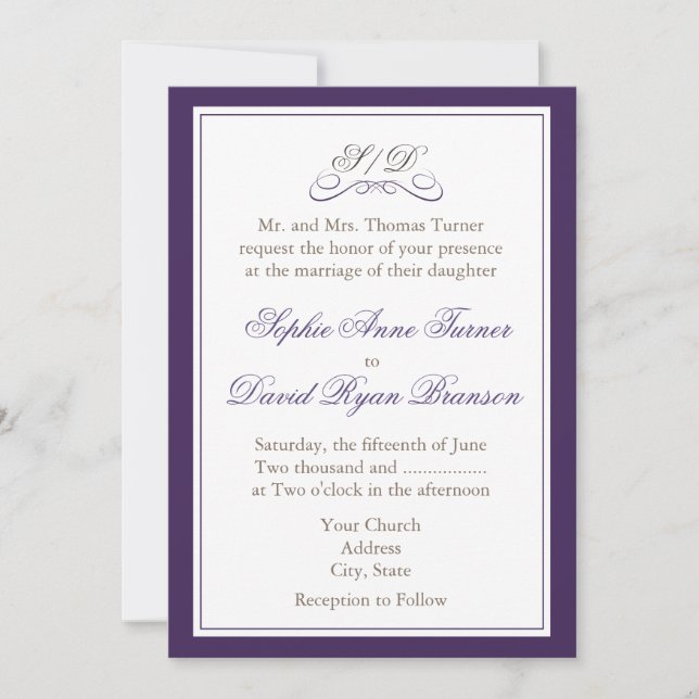 Invitation Elégant violet et blanc de mariage de frontière (Devant)