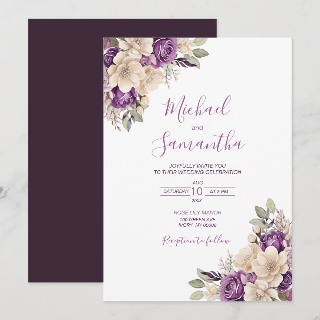 Invitation Élégant violet et ivoire Rose Mariage (Devant / Derrière)