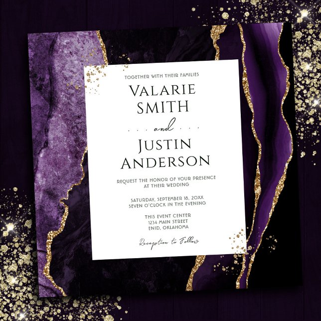 Invitation Élégant violet et or Agate Mariage en pierre (Créateur téléchargé)