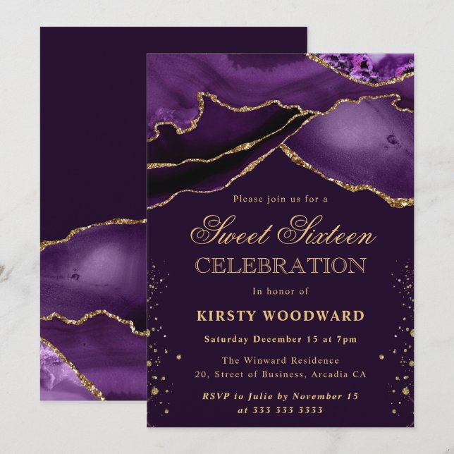 Invitation Élégant violet et or Parties scintillant Agate Swe (Devant / Derrière)