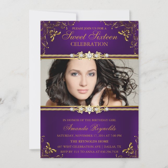 Invitation Élégant violet et or Sweet sixteen Floral Invitati (Devant)