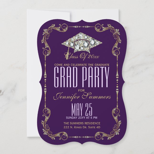 Invitation Elégant violet, Faux or & Diamants Cadre Floral (Dos)